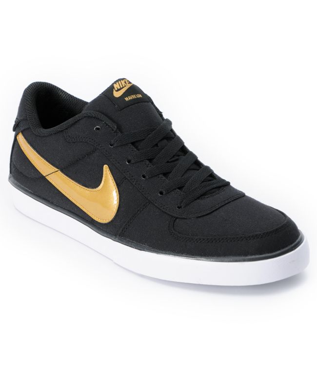 black nike shoes with gold swoosh